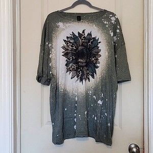 NWOT Bella Canvas Olive Green Bleached Handmade Graphic T-Shirt Sunflower 3XL